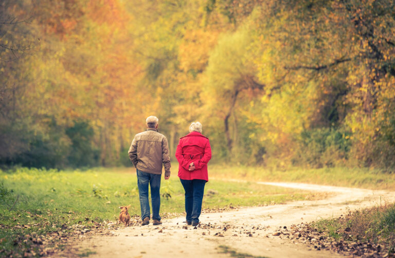 older couple and small dog walking away along a path on late fall day in the afternoon.