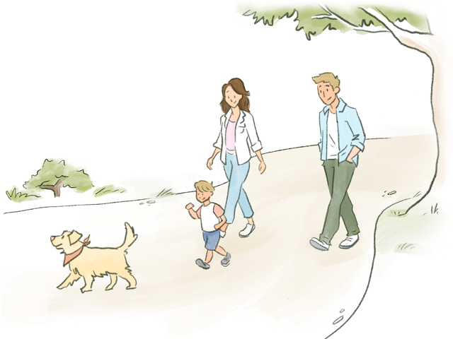 a cartoon of a family walking with a dog