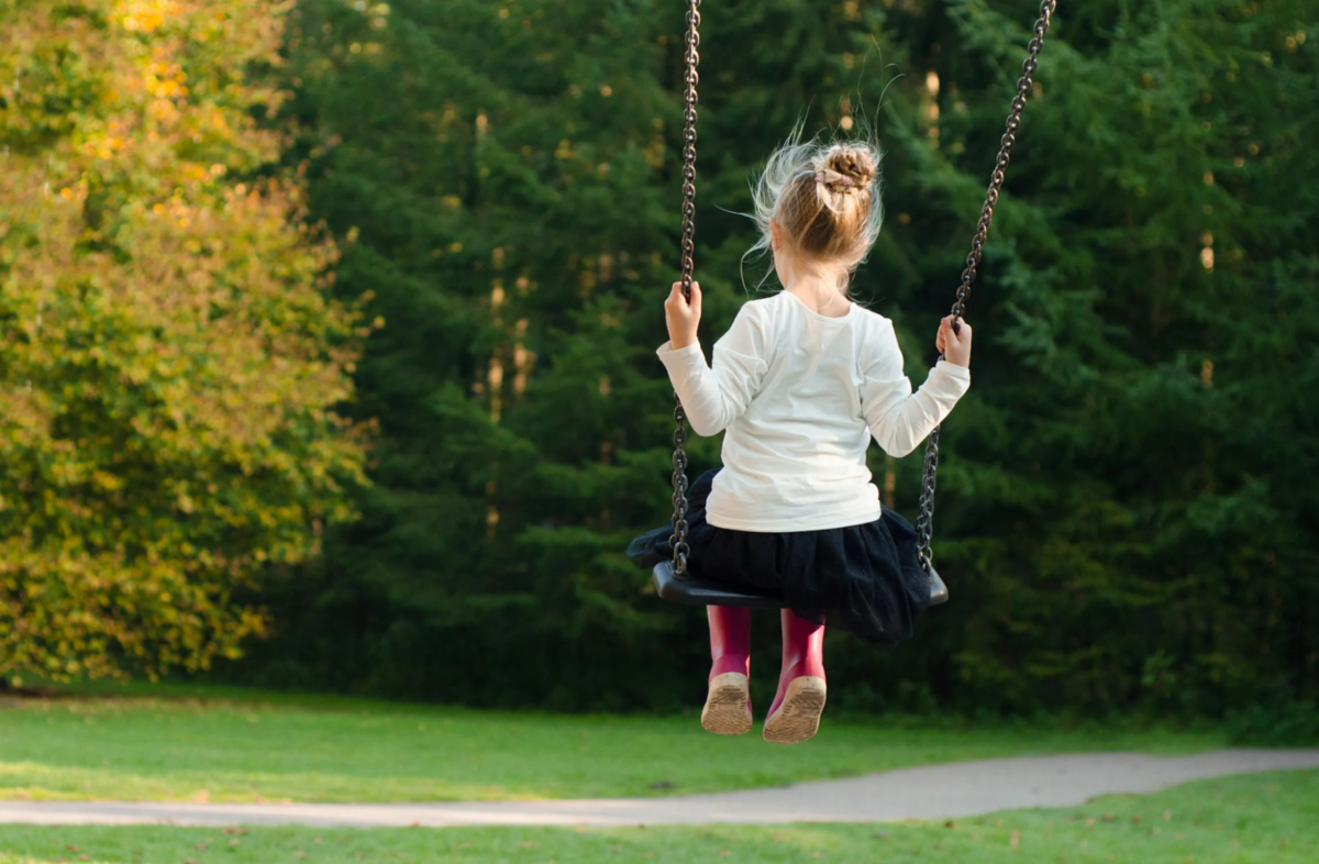 This is an image of a little girl playing on a swing