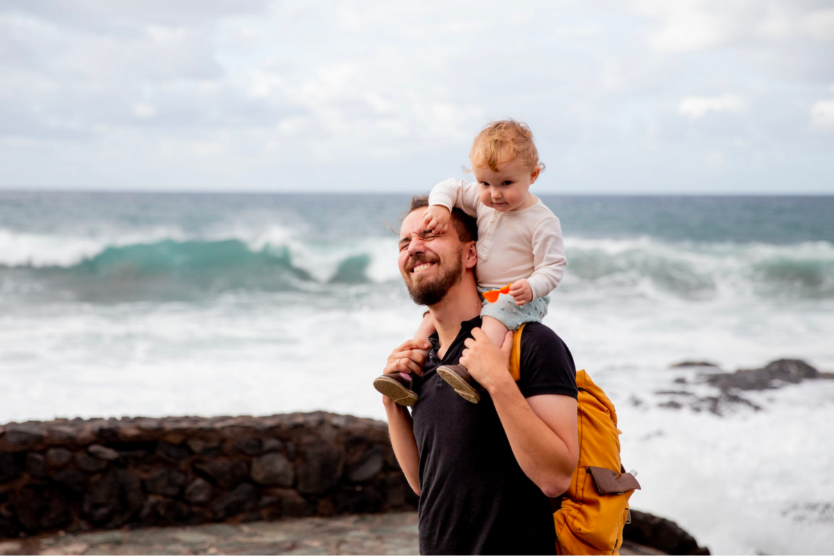 This is an image of a father carrying his daughter on his shoulders at a beach.