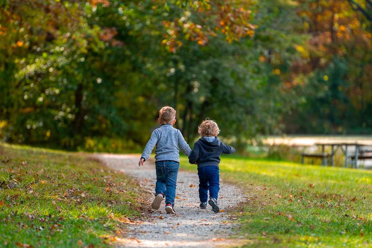 Siblings holding hands while on a walk